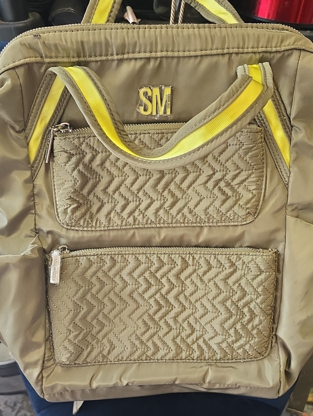 Steve Madden Olive Green Quilted Backpack with Yellow Trim